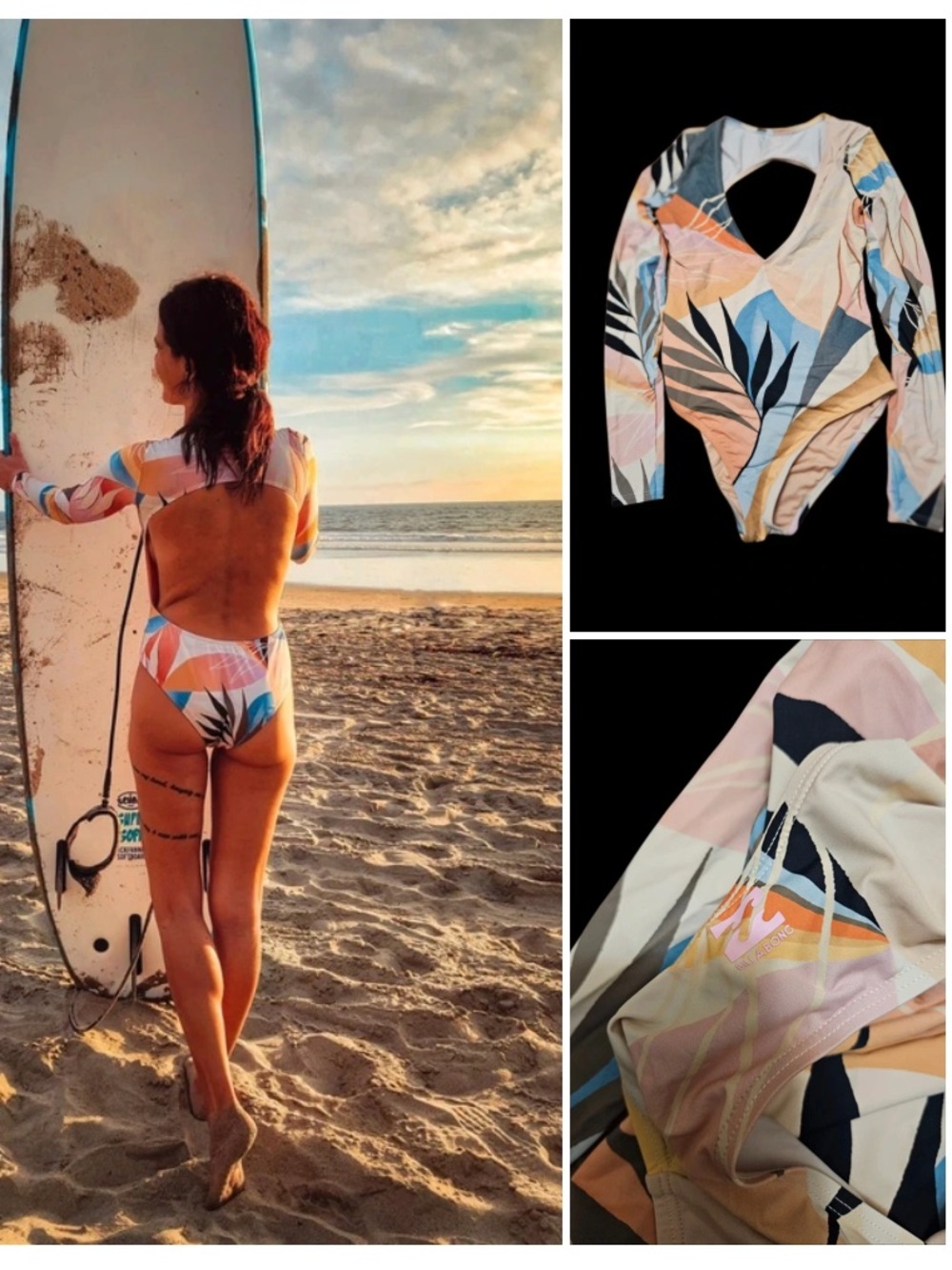 Billabong Women’s Long Sleeve One-Piece Swimsuit - Pastel Palm Print (Pink/Blue)